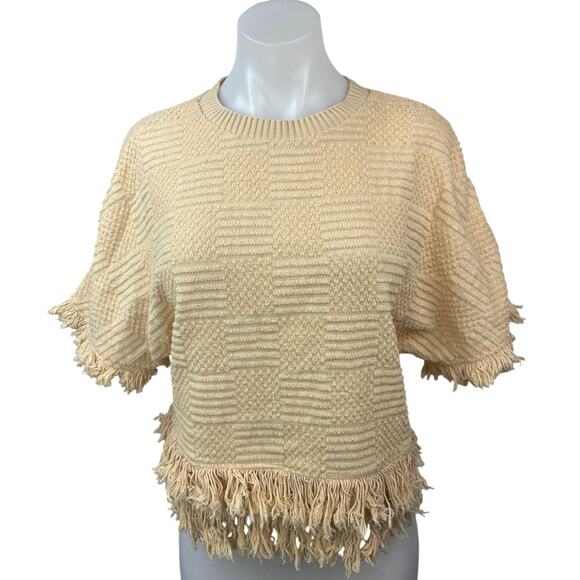Zara Cream Beige Tweed Knit Fringe Crewneck Short Sleeve Sweater Top Size XS - Picture 6 of 11